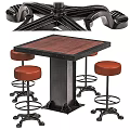 Industrial Style Bar Counter With Wooden Top Metal Base And Red Stools
