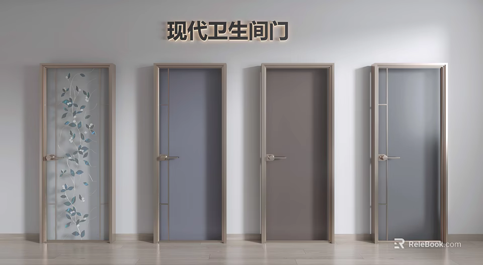 Modern Bathroom Hinged Doors with Glass Panels and Metal Frames Design 3d model