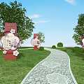 Scenic Road Facilities Featuring Patterned Stone Path Red Information Boards and Green Lawn Trees 3d model