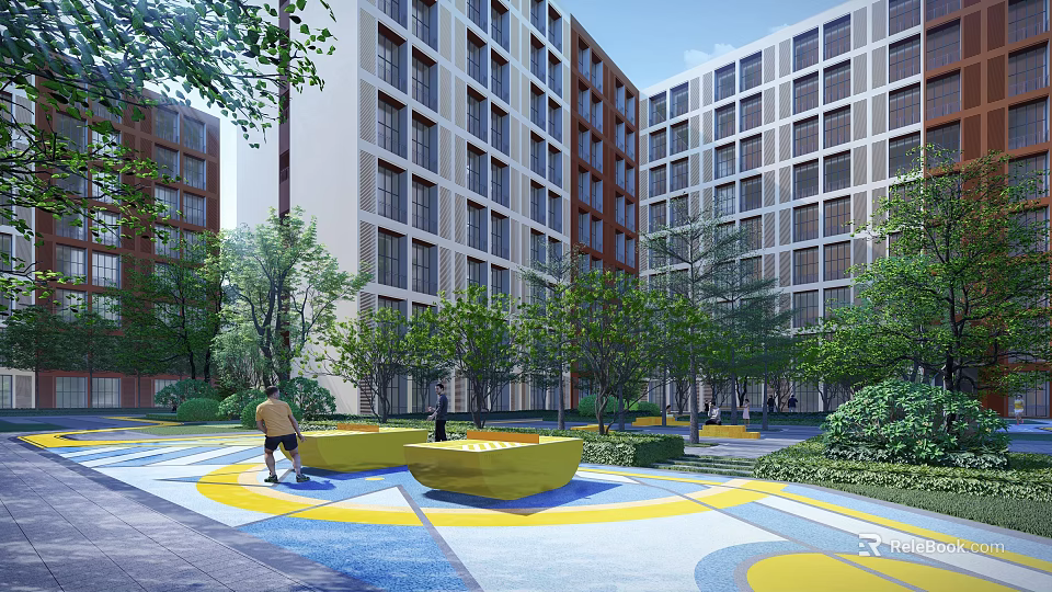 Modern Garden Ornaments In Courtyard With Yellow Seats Colorful Paving And Greenery 3d model 
