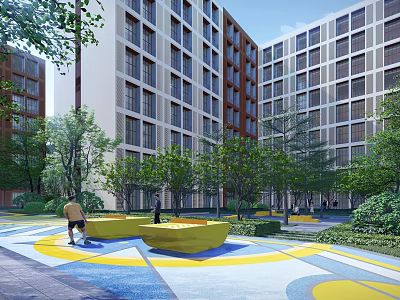 Modern Garden Ornaments In Courtyard With Yellow Seats Colorful Paving And Greenery 3d model