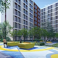 Modern Garden Ornaments In Courtyard With Yellow Seats Colorful Paving And Greenery