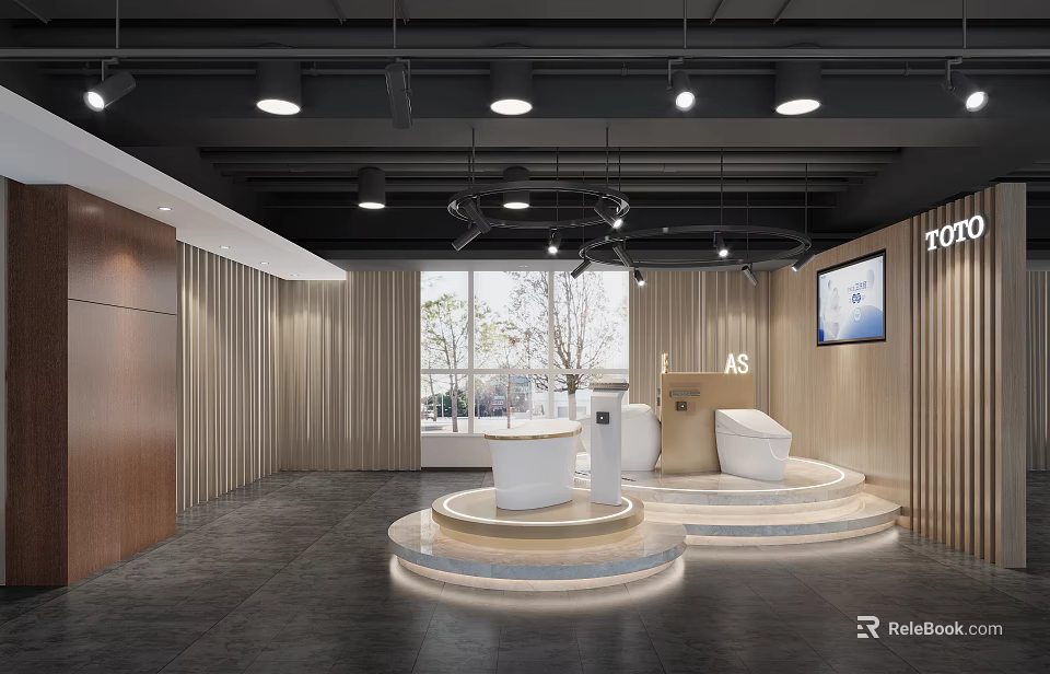 Modern Boutique Store Interior With Circular Display Podiums And Ambient Lighting 3d model