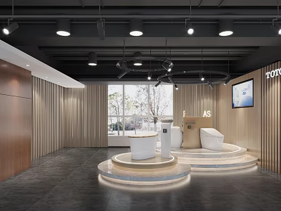 Modern Boutique Store Interior With Circular Display Podiums And Ambient Lighting 3d model