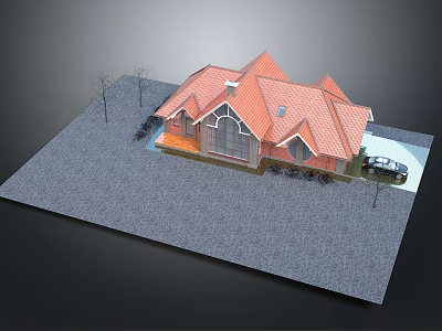 Cartoon House Scene with Red Roof Small Trees and Black Car in Yard 3d model