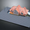 Cartoon House Scene with Red Roof Small Trees and Black Car in Yard