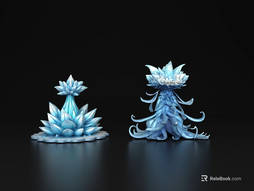 Blue Lotus Inspired Decorative Ornament Set With Glossy Crystal Like Design 3d model 