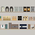 Various Tea Sets Packaging Displayed on Wooden Shelves with Chinese Labels and Colorful Designs