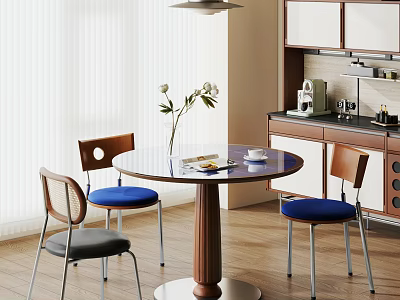 Modern Round Dining Table Set With Colorful Cushioned Chairs In Natural Light Kitchen Area 3d model