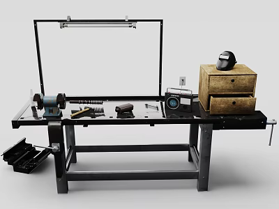 Tool Workbench With Various Tools Drill Drawers And Safety Helmet Setup 3d model