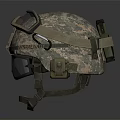 Three Tactical Military Helmets With Camouflage Patterns And Protective Visors