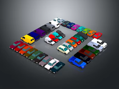 Colorful Cars In Assorted Colors And Different Models Arranged Together 3d model