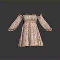 Fashionable Women's Off The Shoulder Pink Patterned Dress with Puff Sleeves and Elegant Design