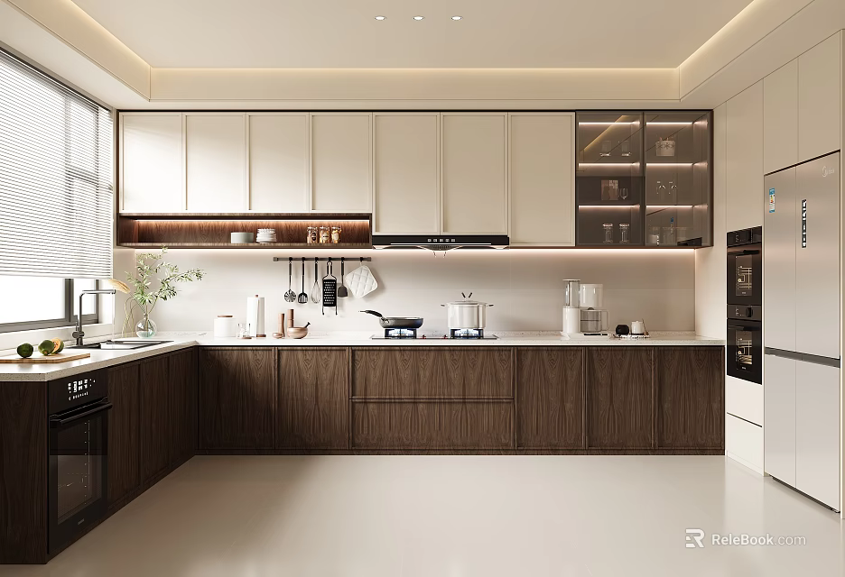 Modern Kitchen Interior With White And Wooden Cabinets Countertop Appliances Window Blinds And Plants 3d model 
