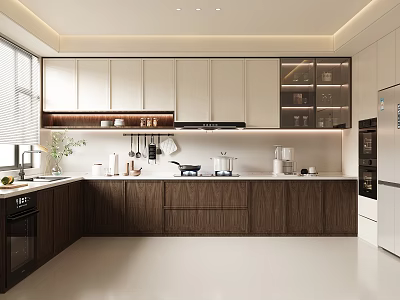 Modern Kitchen Interior With White And Wooden Cabinets Countertop Appliances Window Blinds And Plants 3d model