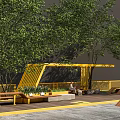 Cozy Garden Features With Yellow Structures Trees Benches And Wooden Seating Platform 3d model