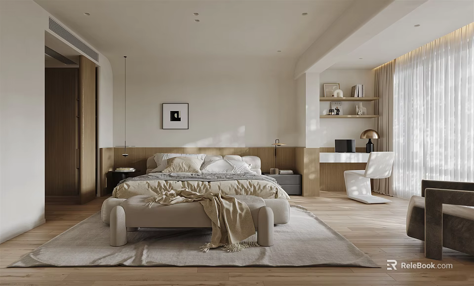 Modern Bedroom Interior Design Featuring Wooden Bed Bench With Blanket Rug And Decorative Shelves 3d model 