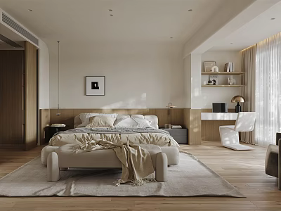 Modern Bedroom Interior Design Featuring Wooden Bed Bench With Blanket Rug And Decorative Shelves 3d model
