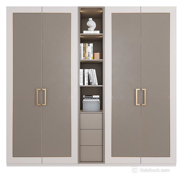 Modern Wardrobe Design With Grey Doors Gold Handles And Built in Bookshelf Drawers 3d model 