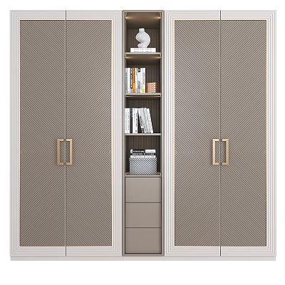 Modern Wardrobe Design With Grey Doors Gold Handles And Built in Bookshelf Drawers 3d model