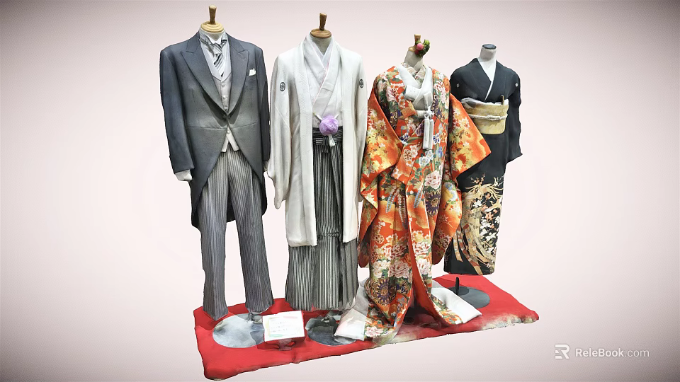 Colorful Traditional Kimono and Gray Formal Suit Outfits on Mannequins with Red Display Stand 3d model 