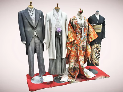 Colorful Traditional Kimono and Gray Formal Suit Outfits on Mannequins with Red Display Stand 3d model