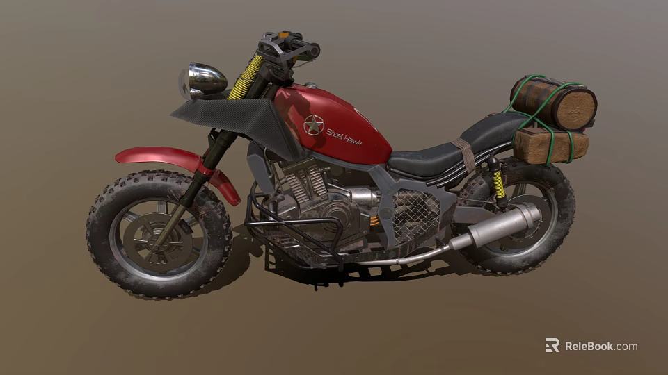 Red Motorcycle Featuring Black Seat Metal Frame Large Tires and Rear Luggage 3d model 