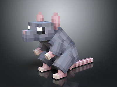 Game Pixelated Rat Character With Gray Body Pink Ears Striped Tail Crouching Pose 3d model