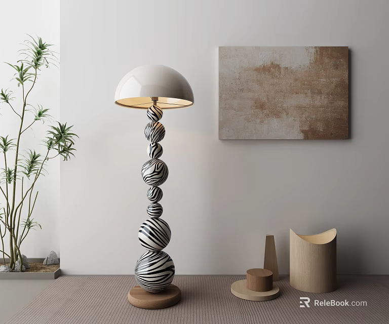 Stylish Floor Lamp Spiral Black White Striped Balls Wooden Base White Lampshade With Indoor Plants 3d model 