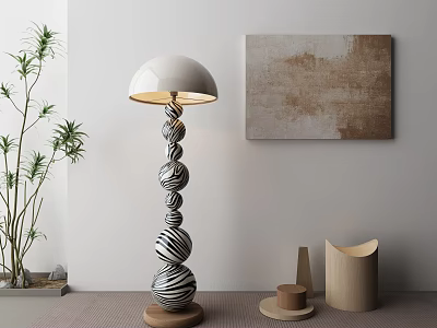 Stylish Floor Lamp Spiral Black White Striped Balls Wooden Base White Lampshade With Indoor Plants 3d model