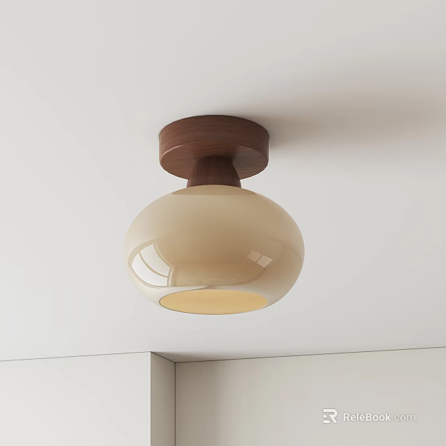 Modern Ceiling Light With Wooden Base And Beige Round Glass Shade Design 3d model 