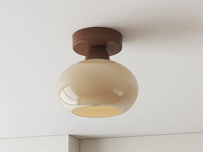 Modern Ceiling Light With Wooden Base And Beige Round Glass Shade Design 3d model