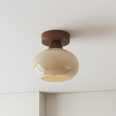 Modern Ceiling Light With Wooden Base And Beige Round Glass Shade Design 3d model