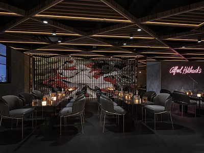 Stylish Bar Interior Design With Wooden Ceiling Art Mural And Neon Lighting 3d model