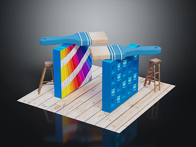 Blue Brushes Painting Colorful Stripes on Blue Cubes with Wooden Stools and Plank Floor 3d model