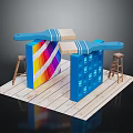 Blue Brushes Painting Colorful Stripes on Blue Cubes with Wooden Stools and Plank Floor