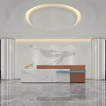Modern Front Desk Reception Area With Marble Counter Blue Sofas Ambient Lighting And Decorative Wall 3d model