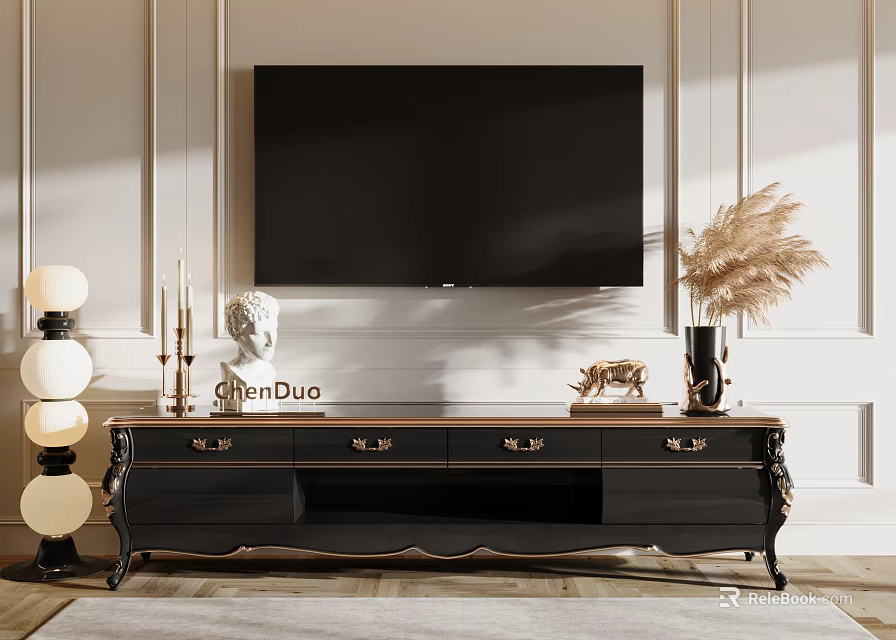 Elegant Modern TV Stand With Gold Accents Drawers And Decorative Candles Statue Pampas Grass Vase 3d model 