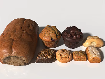 Assorted Fresh Baked Goods Including Bread Muffins And Small Pastries 3d model