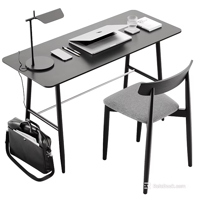 Modern Black Desk With Laptop Tablet Pen Lamp And Gray Chair Plus Black Backpack 3d model 
