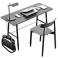 Modern Black Desk With Laptop Tablet Pen Lamp And Gray Chair Plus Black Backpack