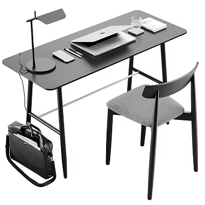 Modern Black Desk With Laptop Tablet Pen Lamp And Gray Chair Plus Black Backpack 3d model