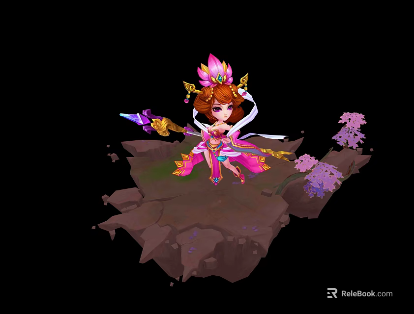 Elegant Female Fantasy Character On Rocky Platform With Purple Flowers And Weapon 3d model 