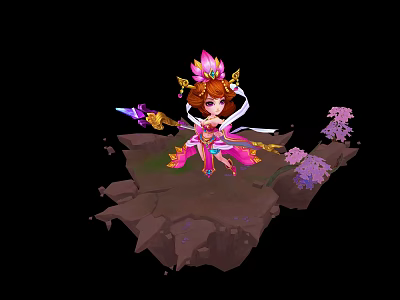 Elegant Female Fantasy Character On Rocky Platform With Purple Flowers And Weapon 3d model