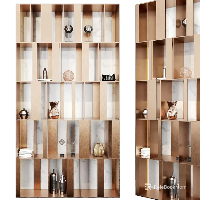 Modern Wooden Bookcase Interior With Open Shelves Decorative Vases Spheres And Marble Panels 3d model 