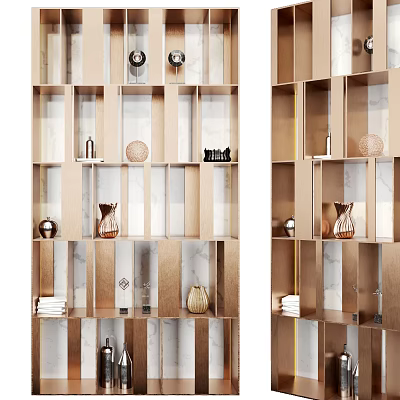 Modern Wooden Bookcase Interior With Open Shelves Decorative Vases Spheres And Marble Panels 3d model