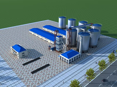 Industrial Factory Building With Multiple Silver Silos And Blue Roofs On Paved Ground Area 3d model