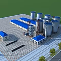 Industrial Factory Building With Multiple Silver Silos And Blue Roofs On Paved Ground Area