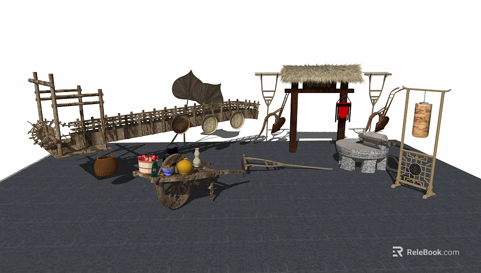 Traditional Industrial Equipment Collection Featuring Wooden Cart Stone Mill And Rural Tools 3d model 