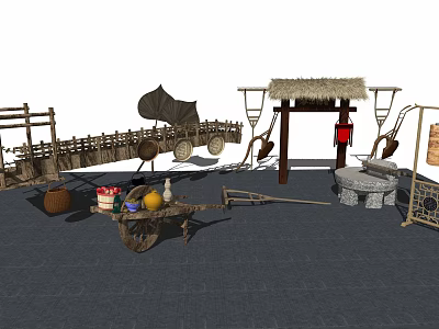 Traditional Industrial Equipment Collection Featuring Wooden Cart Stone Mill And Rural Tools 3d model